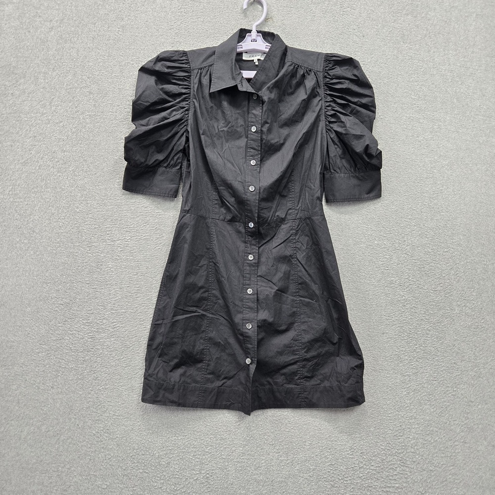 FRAME Women Dress XS Black Gillian Mini Shirt Organic Cotton Puff Sleeves Collar